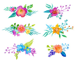 Watercolor flowers set. Spring, summer bouquets for your design