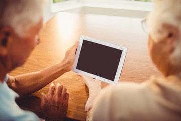 Rear view of senior couple using tablet