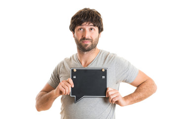 young man showing the blackboard.