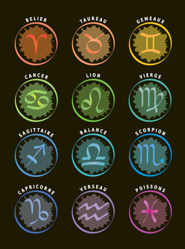 Signes du Zodiaque / 12 Icônes d'Astrologie avec leur Noms en Français - Fond Noir 