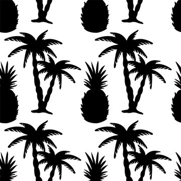 Seamless pattern with palm trees and pineapples 