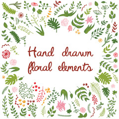 Vector set of hand drawn floral elements - flowers, branches, leaves. - 104372308