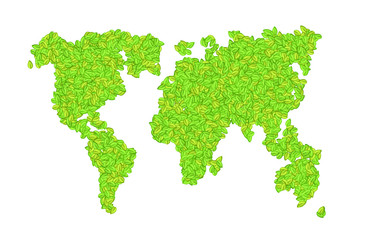 vector world map with leaves on a white