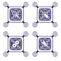 Four objects with globe icon and different tools