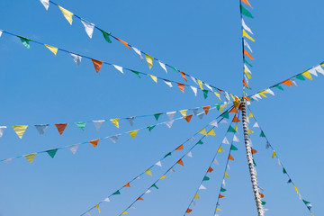 Colorful Bunting or triangle flag on the ropes and sky