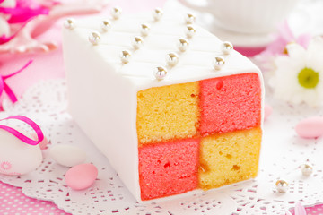 Classic cake biscuit "Battenberg" with marzipan.
