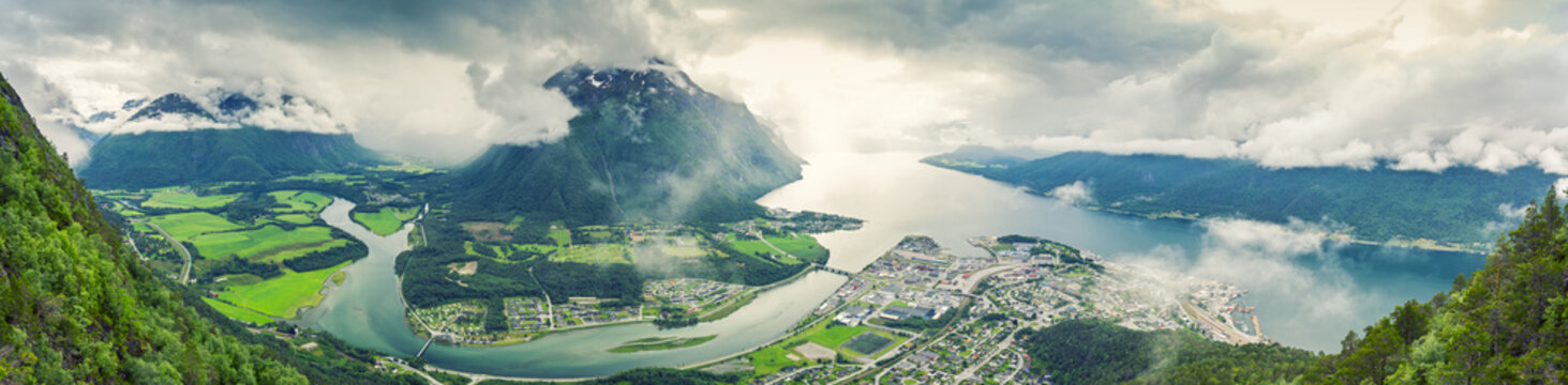 Panoramic view on Andalsnes City, Mountain Landscape and Fjord 