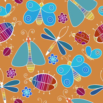 Cute cartoon insect set. Dragonflies, butterflies and bugs. Vector seamless pattern.