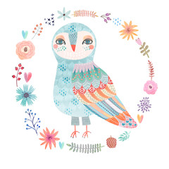 Watercolor floral background with a beautiful owl