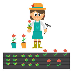 cartoon woman with flower and garden