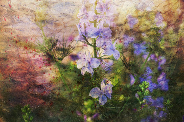 artwork with blue delphinium flowers and watercolor spatter © abigail210986