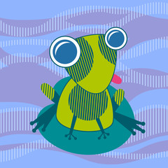 Cartoon Colorful Frog Sit On Water Lily Leaf