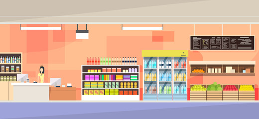 Big Shop Interior, Sales Woman Stand Near Cash Desk