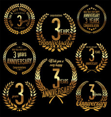 Anniversary golden laurel wreath retro vintage design 3 years