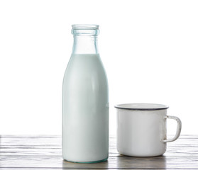 Bottle of milk and an old mug on a table with isolated background