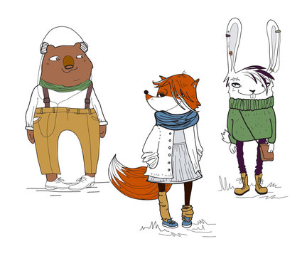 Cute bear, hare and fox in clothes. Youth style. Hand drawn vector illustration