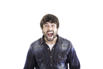 young man screaming isolated on a white background.