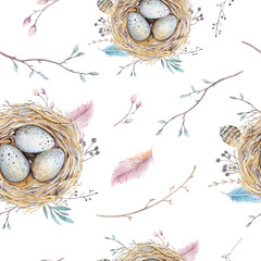 Watercolor natural floral vintage seamless pattern with nests,wr