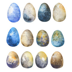 Hand drawn Easter eggs watercolor set. Illustration for greeting