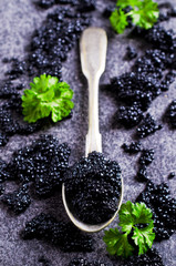 Black caviar in the spoon
