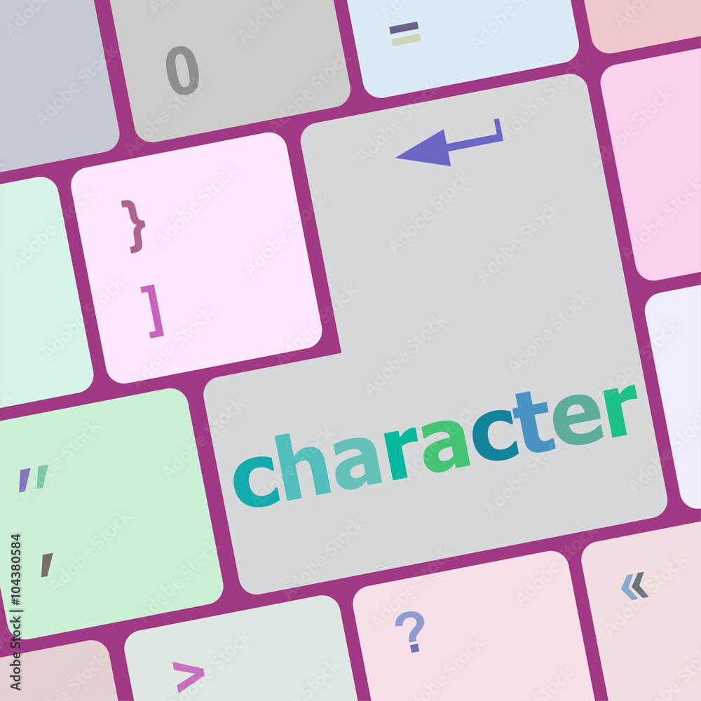 Poster character word on keyboard key, notebook computer button vector illustration