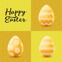 Happy Easter greeting post card with colored eggs and hand drawned text. realistic illustration