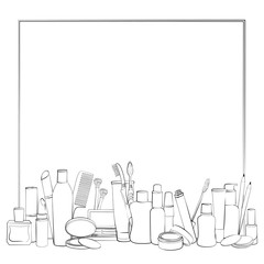 Frame with hand drawn collection of products for body care and make-up. Sketch of elements for hygiene and beauty isolated on white background.  Black and white outline