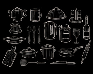 Kitchen Utensils on a Chalkboard Background, Vector Set