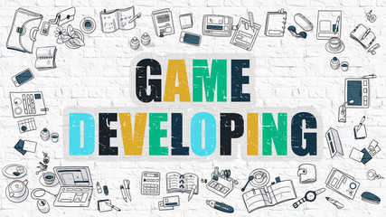 Game Developing - Multicolor Concept with Doodle Icons Around on White Brick Wall Background. Modern Illustration with Elements of Doodle Design Style.