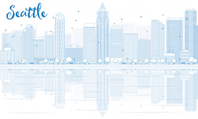 Obraz premium Outline Seattle skyline with blue buildings and reflections.
