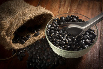 Black Beans in bowl and metal spoon with sack.