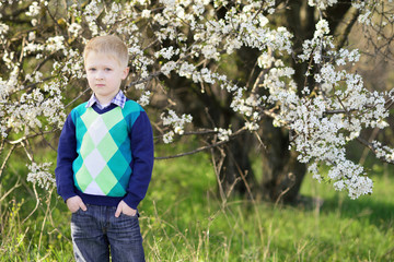 5-6 years old boy, hands in the pockets of jeans on the backgrou