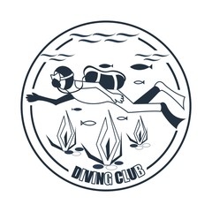 Diving club label. Underwater swimming sticker. Sea emblem. T-Shirt print with scuba diving 