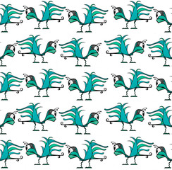 Fantasy turquoise colors insect or bird animal drawing seamless pattern illustration design against white background