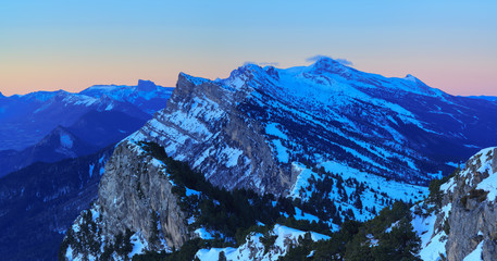 Looking at the Vercors mountains from Mont Moucherotte just before a winter sunrise.