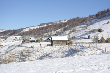 Frozen sunny day of a winter, on wild transylvania hills. Fundatura Ponorului. Romania. Low key, dark background, spot lighting, and rich Old Masters
