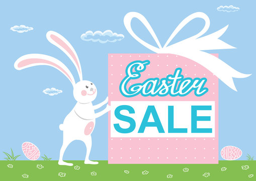 Cute easter bunny with gift. Easter rabbit. Rabbit animal vector for card, invitation, banner or flyer. Vector illustration.