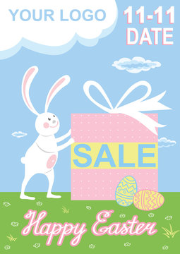 Cute easter bunny with gift. Easter rabbit. Rabbit animal vector for card, invitation, banner or flyer. Vector illustration.
