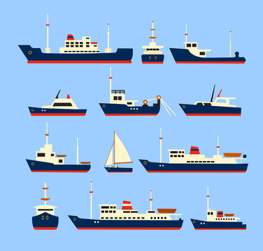 Ships set. Silhouettes of various ships and yachts.