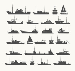 Ships set. Silhouettes of various ships and yachts.