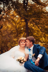young bride and groom on the background of autumn landscape