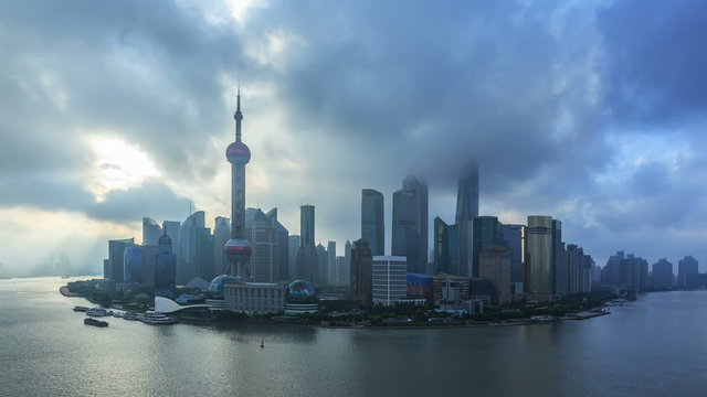 4K: Zoom Out Time-lapse, China Shanghai Skyline at Sunrise. 