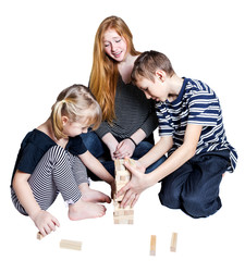 Mama and two kids play together on white background