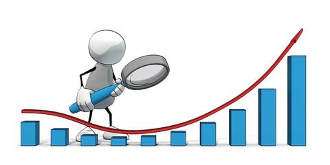 little sketchy man analyzing a trend chart with a magnifier