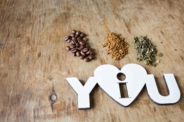 Coffee beans and green tea leaves