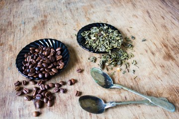 Coffee beans and green tea leaves 