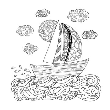 Illustration with sailing boat for coloring