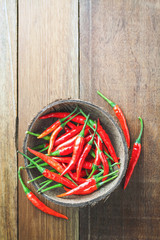 Red Hot Chili Peppers in wooden bowl on old wooden background, O