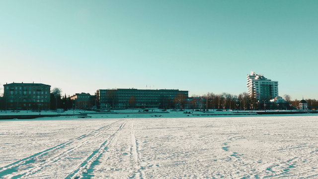 Onega lake quay with City Hall Building, Petrozavodsk, panoramic view