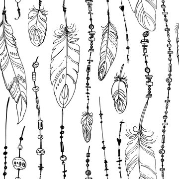 Pattern feathers and beads. Native american indian dream catcher, traditional symbol. Vector decorative elements hippie.